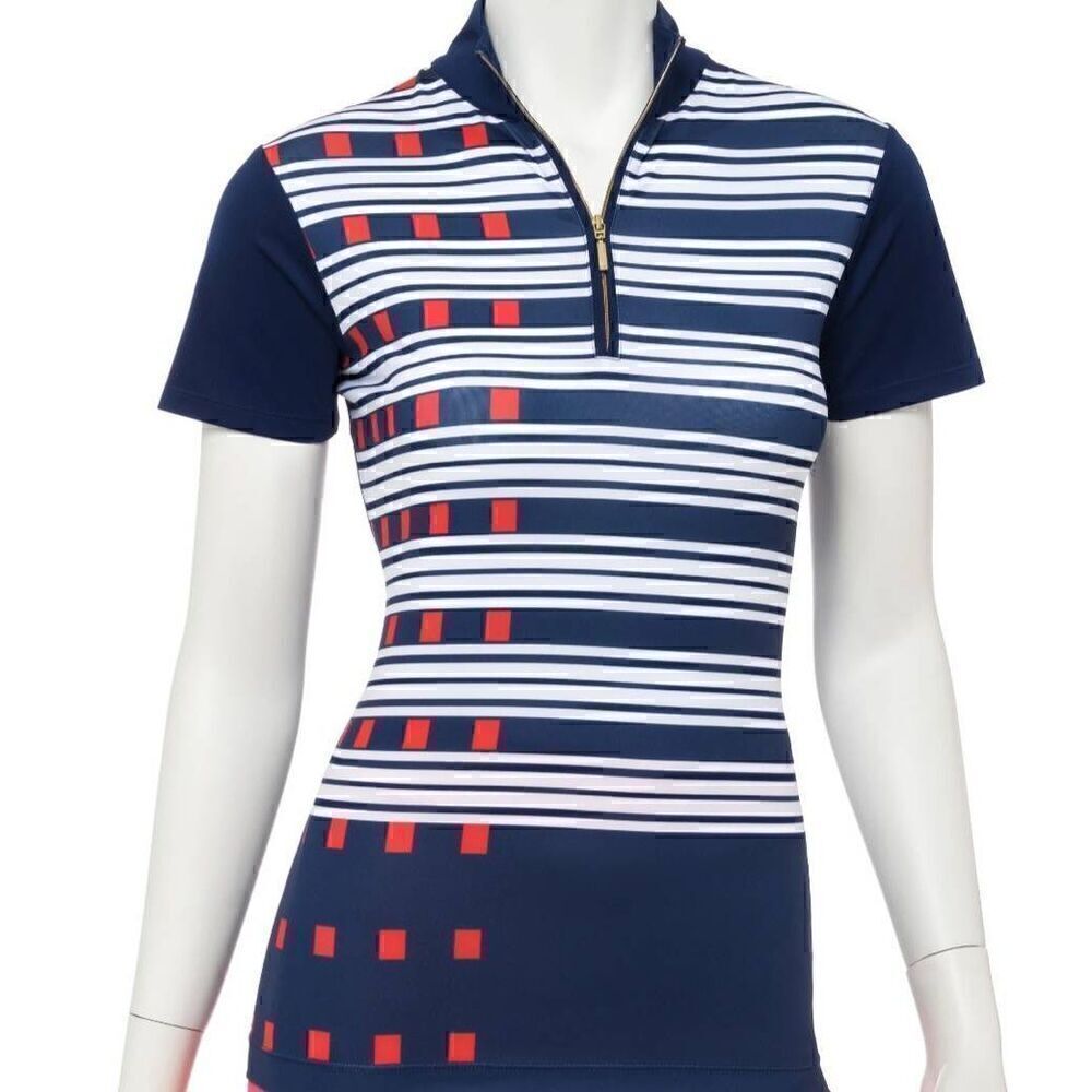 NWT EP Pro Womens Short Sleeve Exploded Dash Stripe Print Zip Golf Polo Top L